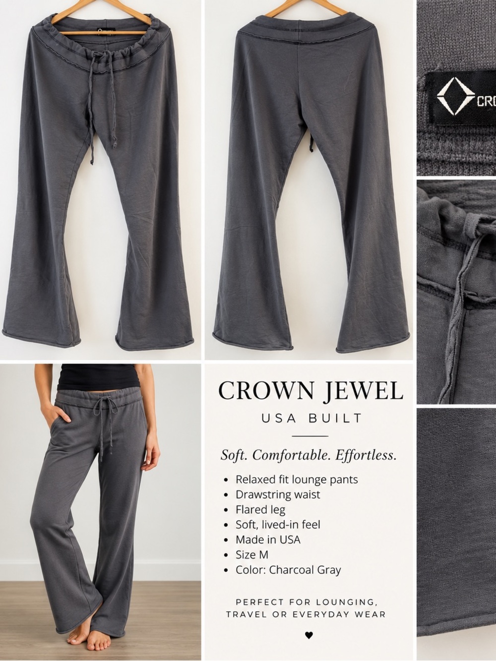 Crown Jewel USA Built Charcoal Drawstring Flare Lounge Pants Size M